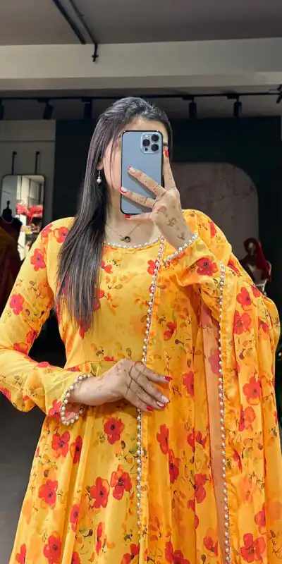 YNF 5003 Yellow Color Georgette Floral Printed Gown With Pearl Lace Border Dupatta Casual, Wedding, Party, Festive, Events Etc. 4-6 Working Days 1849/- | Gowns, Bollywood Gowns, Creative Gowns, Designer Gowns, Embroidered Gowns, Party Wear Gowns