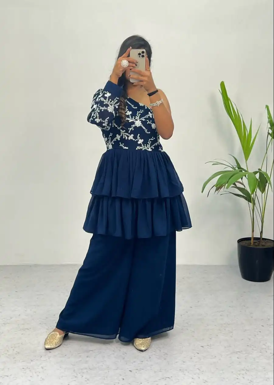 RC 263 Blue Heavy Georgette Embroidery Sequence Work Plazzo Suit Casual, Wedding, Party, Festive, Events Etc. Expected Delivery  4-6 Working Days @1749 | Salwar suit, Casual Suits, Creative suits, Designer Suits, Palazzo Suits, Party Wear Suits, Straight Suits