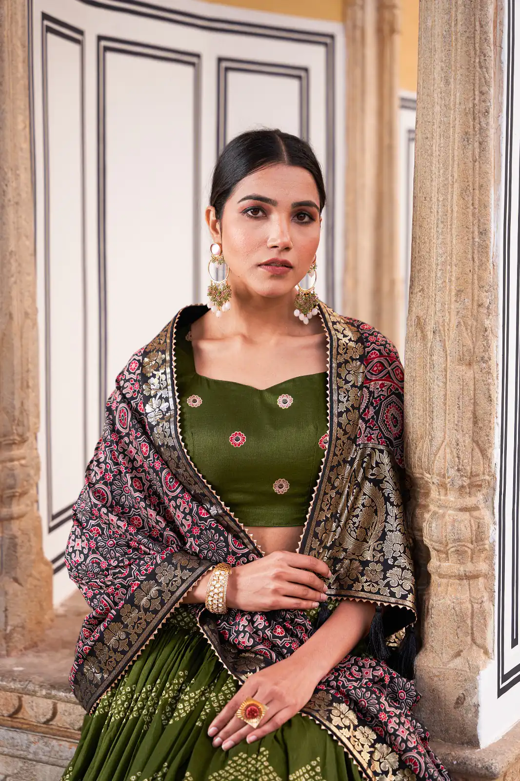 LNB 1614 Green Color Tussar Silk Dot And Ajarakh & Drawstring With Foil Printed & Heavy Tassels Lehenga Choli   Expected Delivery 4-6 Working Days 2449/- | Lehenga, Bollywood Lehenga, Creative Lehenga, Designer Lehenga, Embroidered Lehenga, Party Wear Lehenga