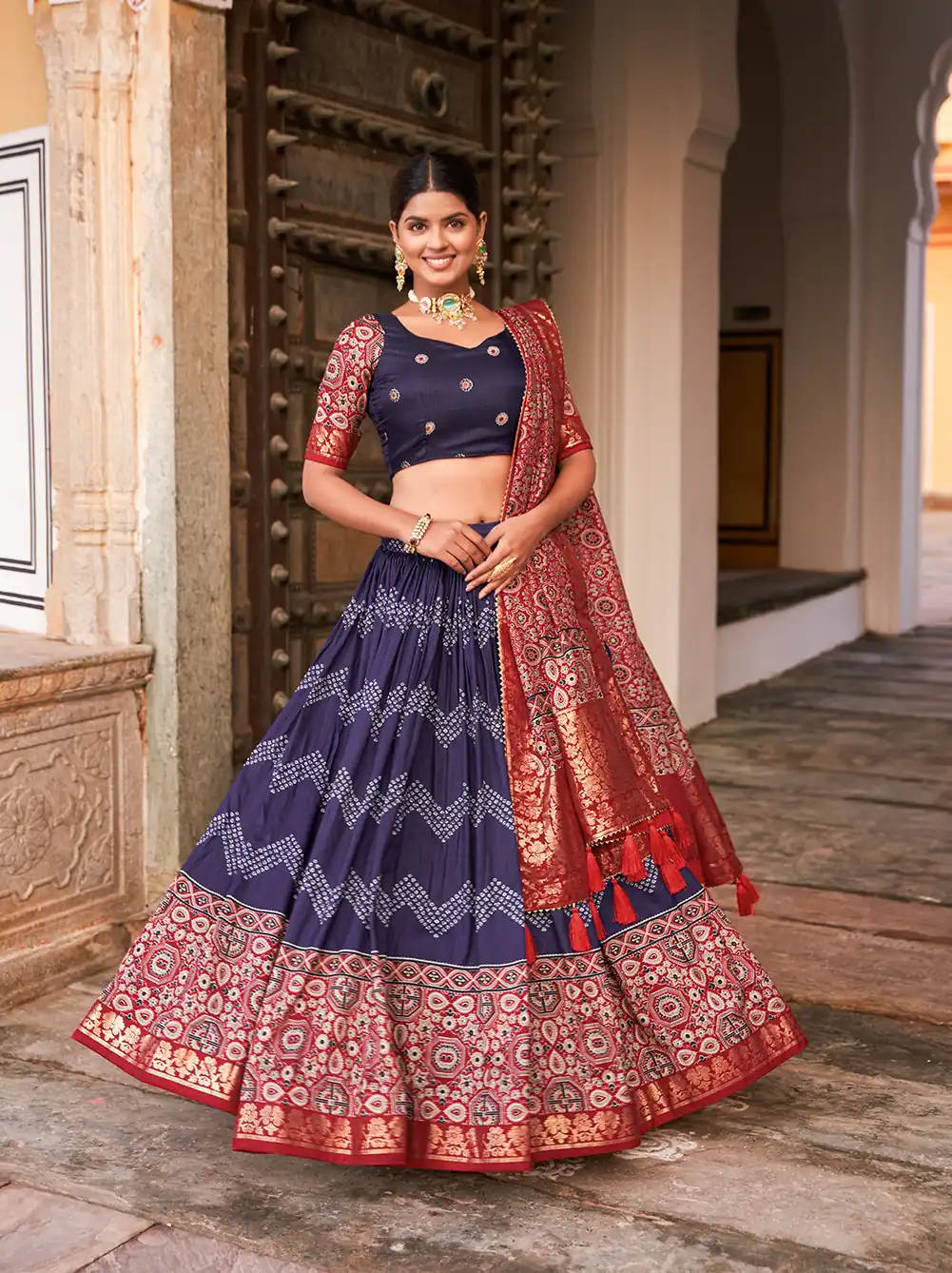 LNB 1614 Navy Blue Color Tussar Silk Dot And Ajarakh & Drawstring With Foil Printed & Heavy Tassels Lehenga Choli   Expected Delivery 4-6 Working Days 2449/- | Lehenga, Bollywood Lehenga, Creative Lehenga, Designer Lehenga, Embroidered Lehenga, Party Wear Lehenga