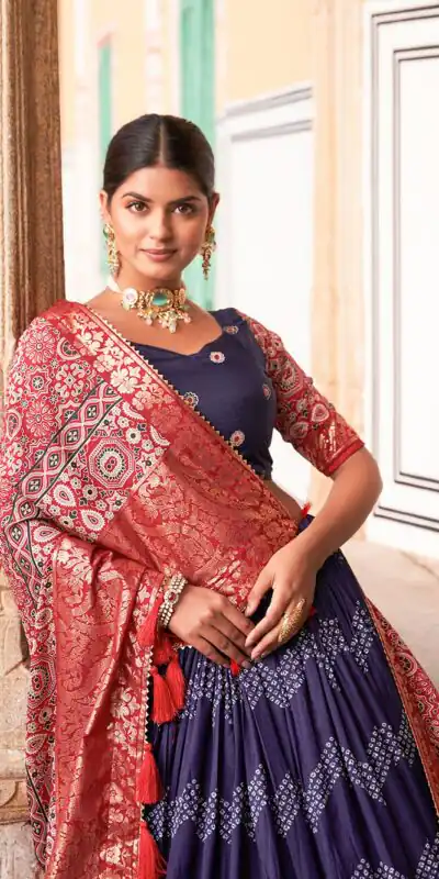 LNB 1614 Navy Blue Color Tussar Silk Dot And Ajarakh & Drawstring With Foil Printed & Heavy Tassels Lehenga Choli Expected Delivery 4-6 Working Days 2449/- | Lehenga, Bollywood Lehenga, Creative Lehenga, Designer Lehenga, Embroidered Lehenga, Party Wear Lehenga