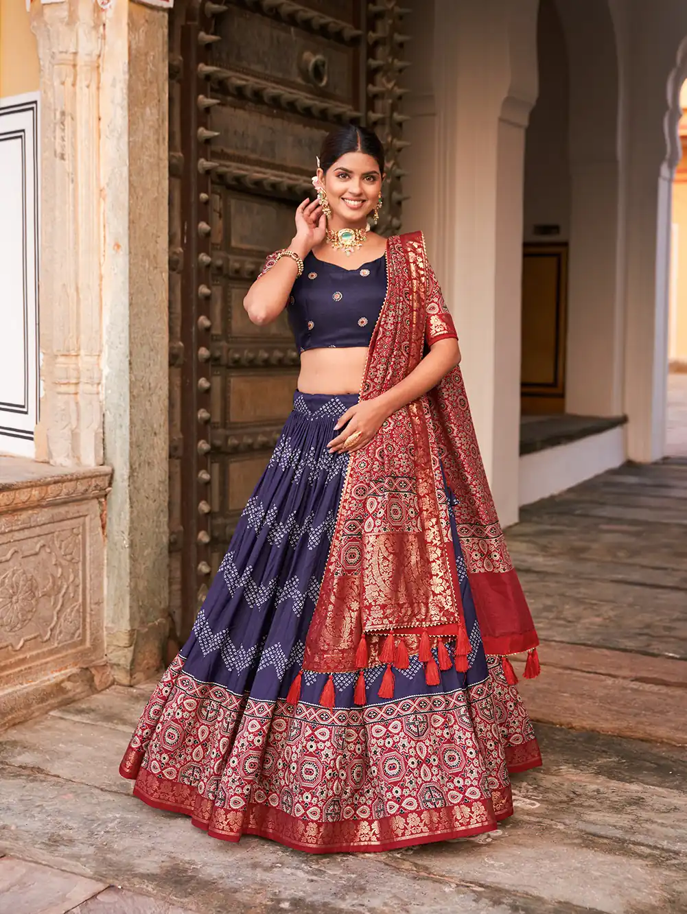 LNB 1614 Navy Blue Color Tussar Silk Dot And Ajarakh & Drawstring With Foil Printed & Heavy Tassels Lehenga Choli   Expected Delivery 4-6 Working Days 2449/- | Lehenga, Bollywood Lehenga, Creative Lehenga, Designer Lehenga, Embroidered Lehenga, Party Wear Lehenga