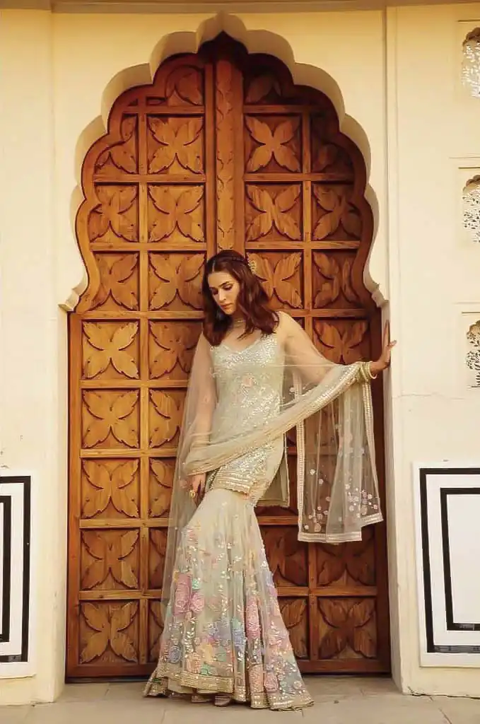 NSR 561 Off White Top : Soft Butterfly Net Sharara : Soft Butterfly Net Work : Embroidery With Heavy Sequence Work Wedding, Party, @2199/- | Salwar suit, Casual Suits, Creative suits, Designer Suits, Palazzo Suits, Party Wear Suits, Straight Suits