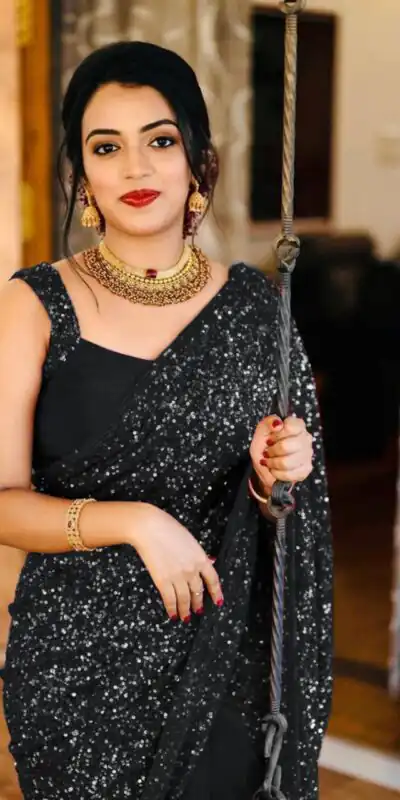 KT 152 Black?Saree Fabrics : Georgette?Saree Work?: Heavy Sequence?Blouse Fabrics : Georgette With Silk Inner Work?: Sequence Work Sleeves? | Sarees, Bollywood Sarees, Creative Sarees, Designer Sarees, Embroidered Sarees, Party Wear Sarees