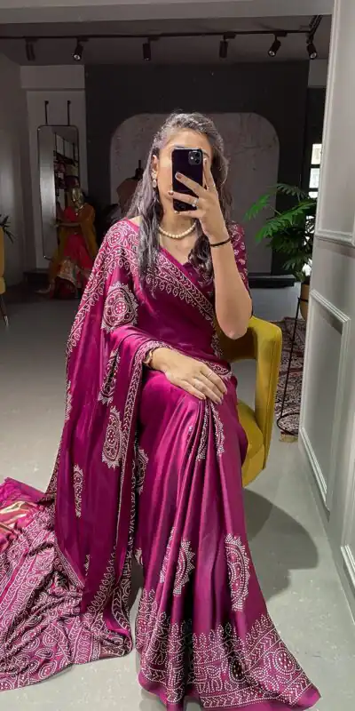 YNF 7803 Purple Color Semi Gaji Satin Printing with Foil Work Saree Casual, Party Wear, Wedding, Events Etc. Expected Delivery 4-6 Working Days 1499/- | Sarees, Bollywood Sarees, Creative Sarees, Designer Sarees, Ethnic Saree, Modern Digital sarees, Party Wear Sarees