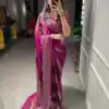 Stylish Purple Color Semi Gaji Satin Printing with Foil Work Saree