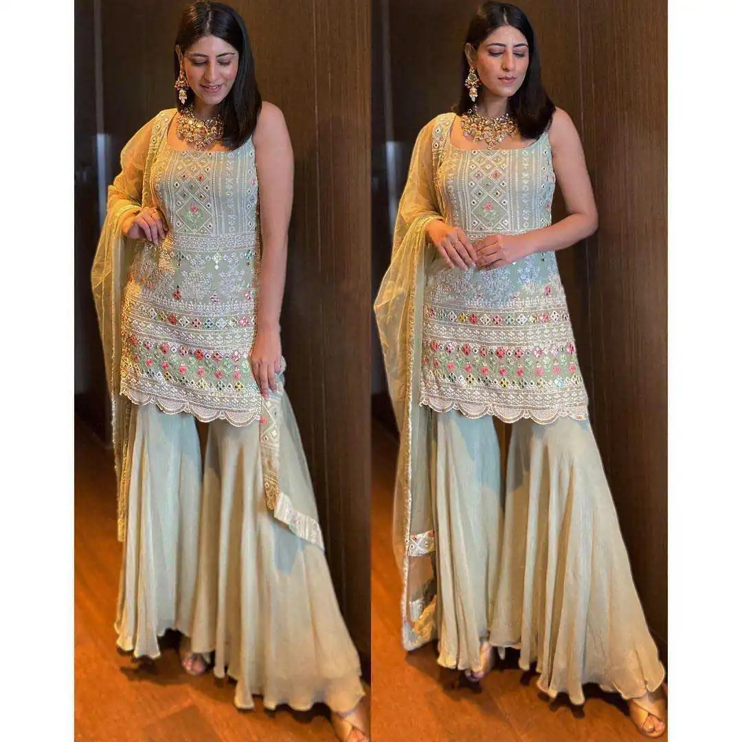 KD 1045 Light Green?Top : Georgette Sharara : Georgette Work :Embroidery Thread Work Wedding, Party, Festive,@1799/- Only | Salwar suit, Casual Suits, Creative suits, Designer Suits, Palazzo Suits, Party Wear Suits, Straight Suits