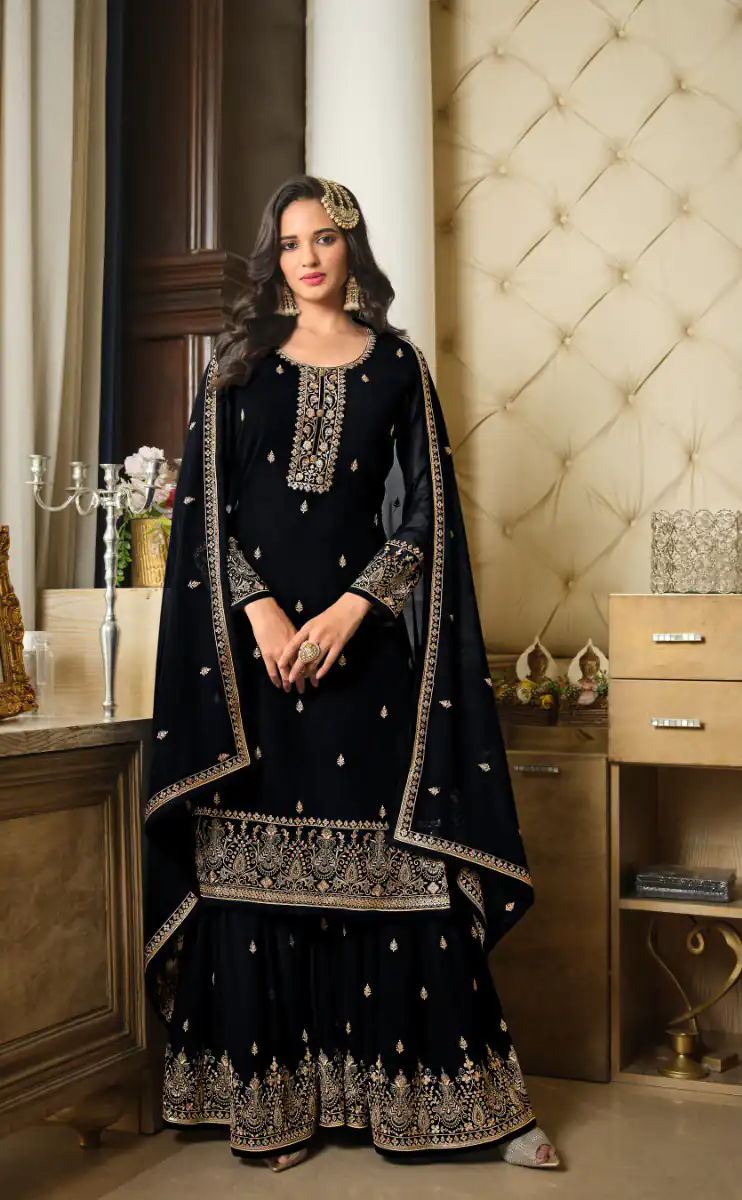 DS LT 8301 Black color Georgette Embroidery Sequence Work Sharara Suit Wedding, Festive, Events Etc. Expected Delivery 4-6 Working Days @2149/- | Jump Suits, Salwar suit, Casual Suits, Creative suits, Designer Suits, Palazzo Suits, Party Wear Suits, Patiala Suits, Straight Suits