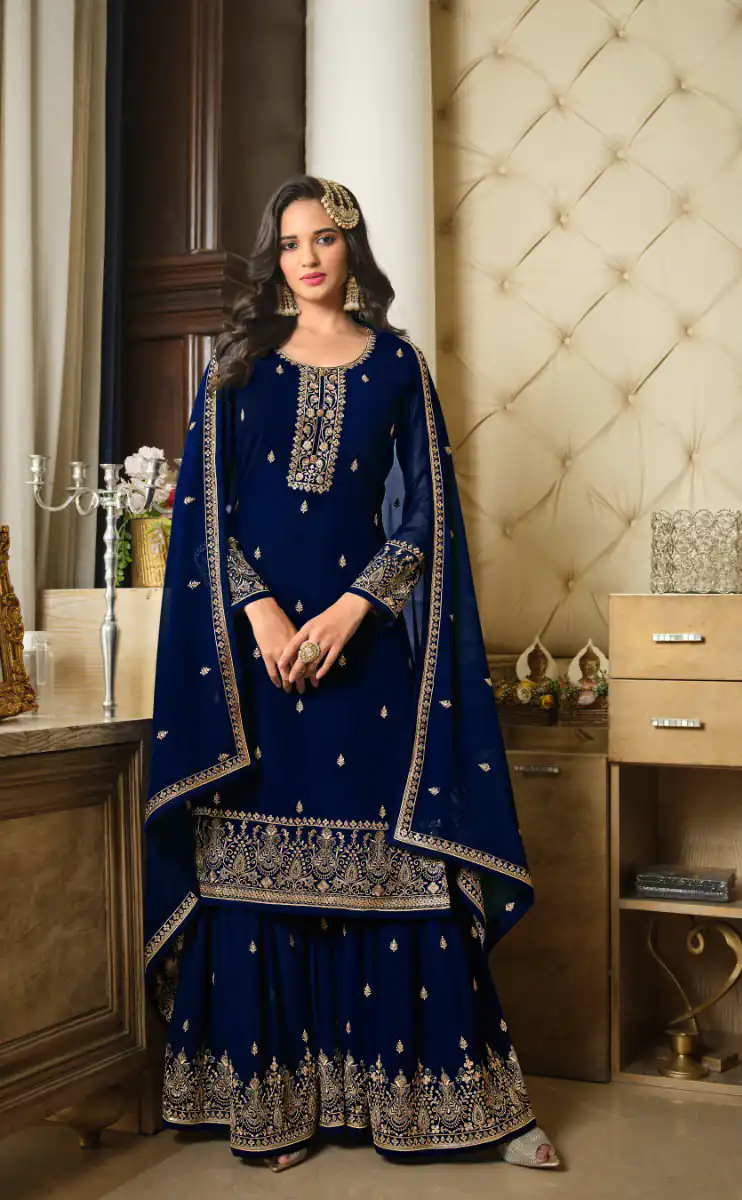DS LT 8301 Blue color Georgette Embroidery Sequence Work Sharara Suit Wedding, Festive, Events Etc. Expected Delivery 4-6 Working Days @2149/- | Jump Suits, Salwar suit, Casual Suits, Creative suits, Designer Suits, Palazzo Suits, Party Wear Suits, Patiala Suits, Straight Suits
