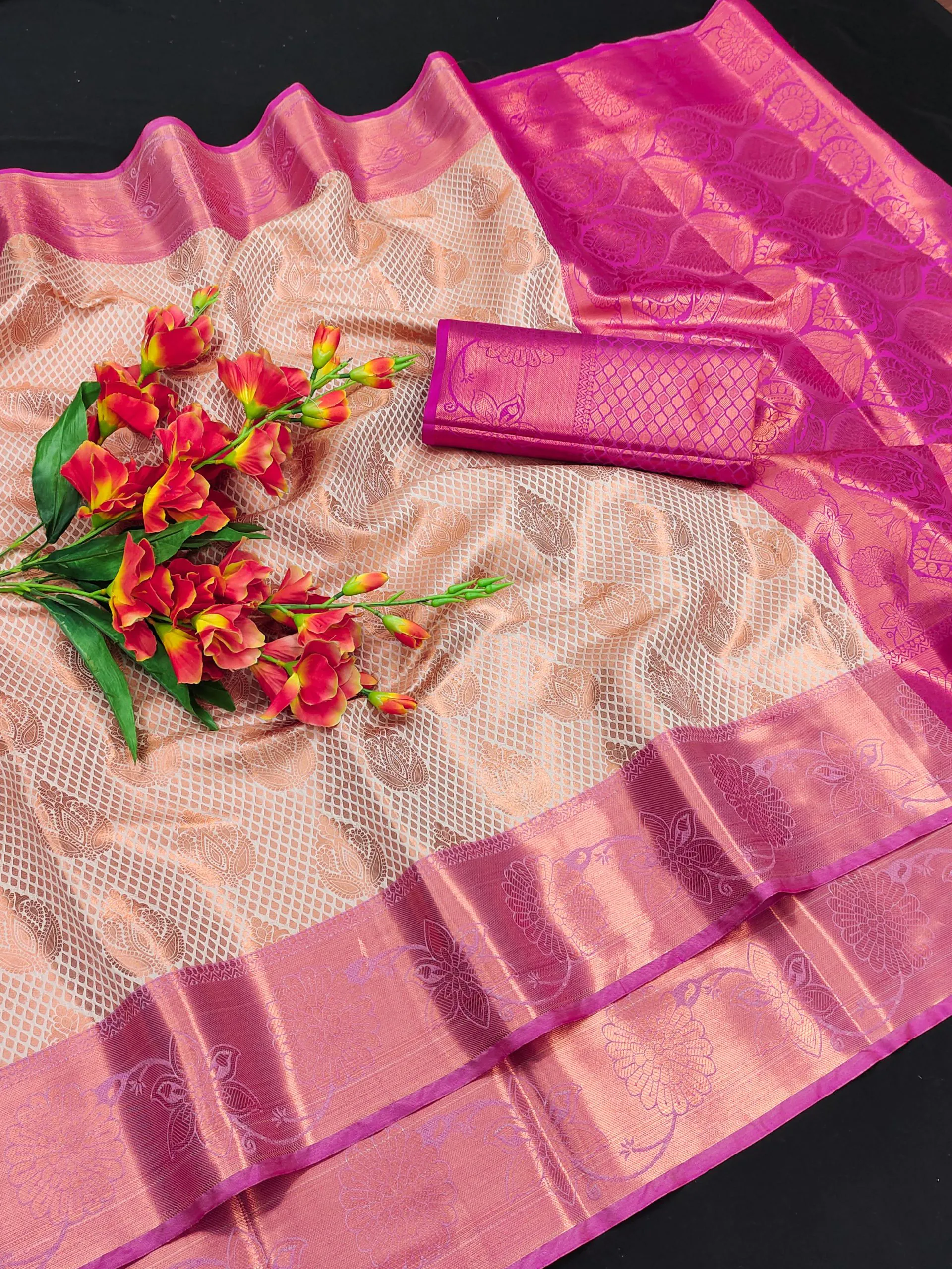 MB™3269 Golden Pink Color Lichi Silk Gold, Silver Zari Saree Casual, Party Wear, Wedding, Events, Festival, Etc. Expected Delivery 4-6 Working Days @1599/- | Designer Sarees, Sarees, Bollywood Sarees, Creative Sarees, Embroidered Sarees, Ethnic Saree, Modern Digital sarees, Party Wear Sarees