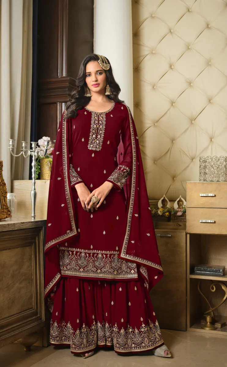 DS LT 8301 Maroon color Georgette Embroidery Sequence Work Sharara Suit Wedding, Festive, Events Etc. Expected Delivery 4-6 Working Days @2149/- | Jump Suits, Salwar suit, Casual Suits, Creative suits, Designer Suits, Palazzo Suits, Party Wear Suits, Patiala Suits, Straight Suits