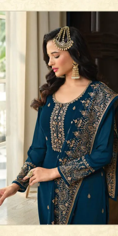 DS LT 8301 Peacock Blue color Georgette Embroidery Sequence Work Sharara Suit Wedding, Festive, Events Etc. Expected Delivery 4-6 Working Days @2149/- | Jump Suits, Salwar suit, Casual Suits, Creative suits, Designer Suits, Palazzo Suits, Party Wear Suits, Patiala Suits, Straight Suits