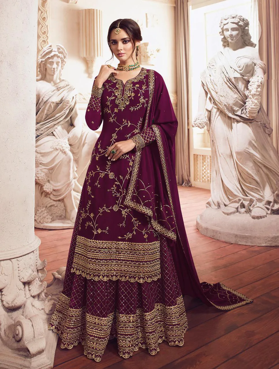 LT 4902 Wine color Georgette With Embroidery sequence Work Sharara Suit Wedding, Festive, Events Etc. Expected Delivery 4-6 Working Days @2099/- | Jump Suits, Salwar suit, Casual Suits, Creative suits, Designer Suits, Palazzo Suits, Party Wear Suits, Patiala Suits, Straight Suits