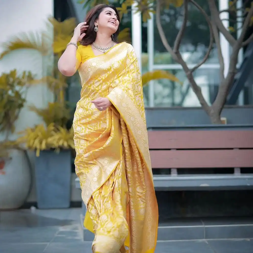 DDF Yellow Zalar Color Banarasi Soft Silk Ordinary Design Saree Casual, Party Wear, Wedding, Events, Etc. Expected Delivery 4-6 Working Days 1399/- | Designer Sarees, Sarees, Bollywood Sarees, Creative Sarees, Embroidered Sarees, Ethnic Saree, Modern Digital sarees, Party Wear Sarees