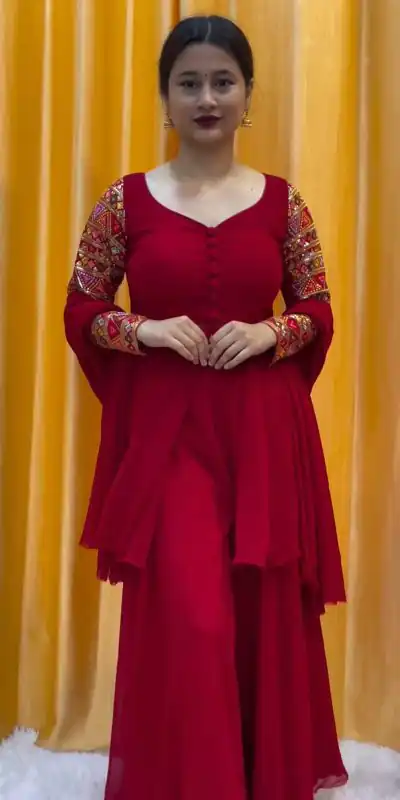 RTC 5666 Red Color Faux Georgette thread Sequence Work Sharara Suit Casual, Wedding, Party, Festive, Events Etc. Expected Delivery 4-6 Working Days @1999/- | Jump Suits, Salwar suit, Casual Suits, Creative suits, Designer Suits, Palazzo Suits, Party Wear Suits, Patiala Suits, Straight Suits