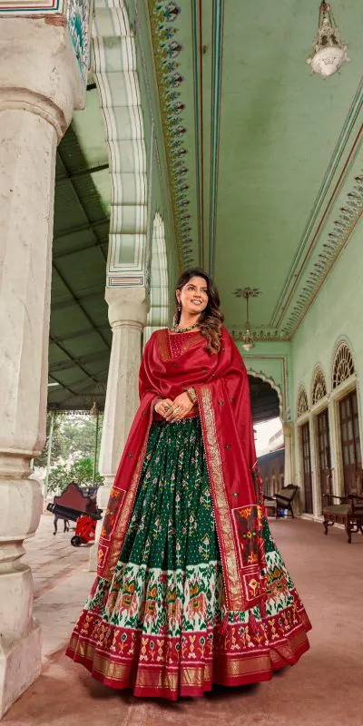 LNB1691 Green Color Tussar Silk Patola Foil Printed Lehenga Choli Festive, Party, Wedding, Events etc. Expected Delivery 4-6 Working Days @2199/- | Lehenga, Bollywood Lehenga, Creative Lehenga, Designer Lehenga, Embroidered Lehenga, Party Wear Lehenga