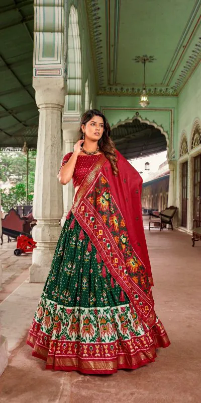 LNB1691 Green Color Tussar Silk Patola Foil Printed Lehenga Choli Festive, Party, Wedding, Events etc. Expected Delivery 4-6 Working Days @2199/- | Lehenga, Bollywood Lehenga, Creative Lehenga, Designer Lehenga, Embroidered Lehenga, Party Wear Lehenga