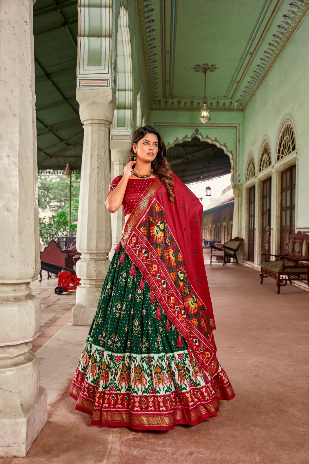 LNB1691 Green Color Tussar Silk Patola Foil Printed Lehenga Choli Festive, Party, Wedding, Events etc. Expected Delivery 4-6 Working Days @2199/- | Lehenga, Bollywood Lehenga, Creative Lehenga, Designer Lehenga, Embroidered Lehenga, Party Wear Lehenga