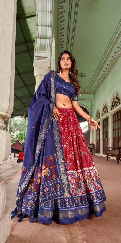 LNB1691 Red Color Tussar Silk Patola Foil Printed Lehenga Choli Festive, Wedding, Party, Events Expected Delivery 4-6 Working Days @2199/- | Lehenga, Bollywood Lehenga, Creative Lehenga, Designer Lehenga, Embroidered Lehenga, Party Wear Lehenga
