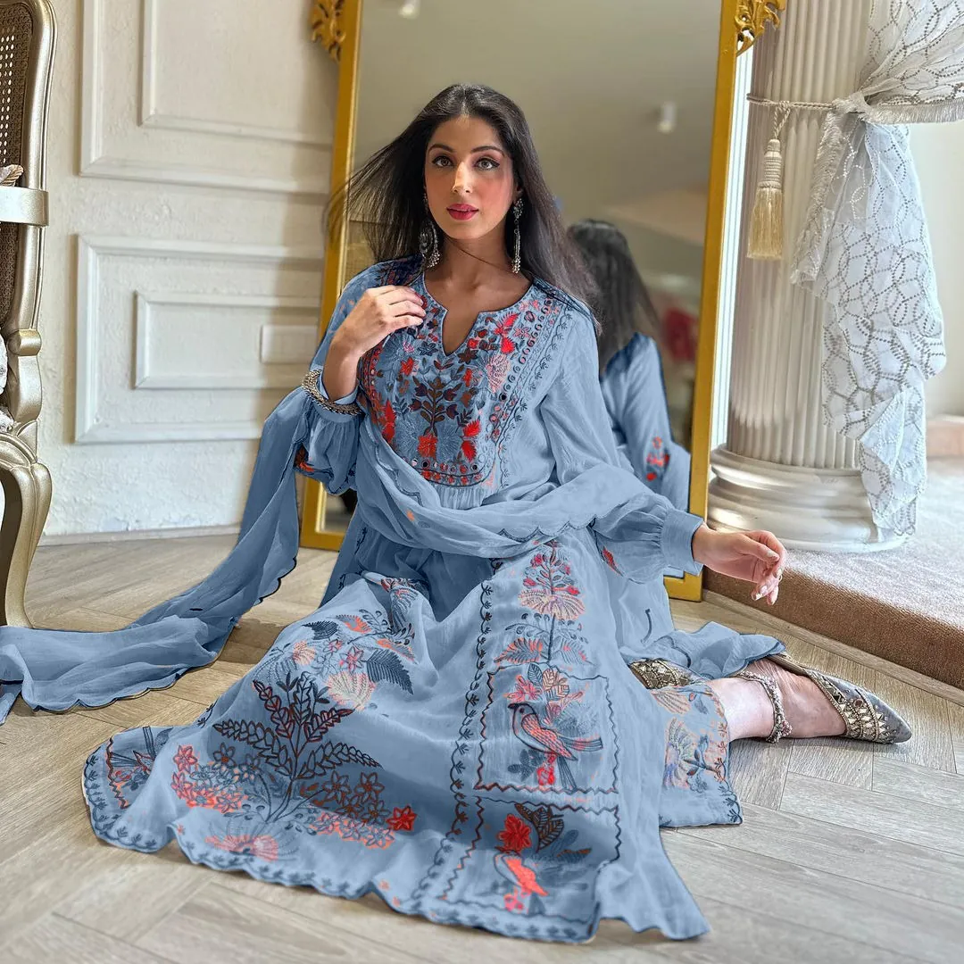 AD118 Blue Color Georgette Embroidery Work Salwar Suit Casual, Wedding, Festive, Events Etc. Expected Delivery 4-6 Working Days @1950/- | Jump Suits, Salwar suit, Casual Suits, Creative suits, Designer Suits, Palazzo Suits, Party Wear Suits, Straight Suits