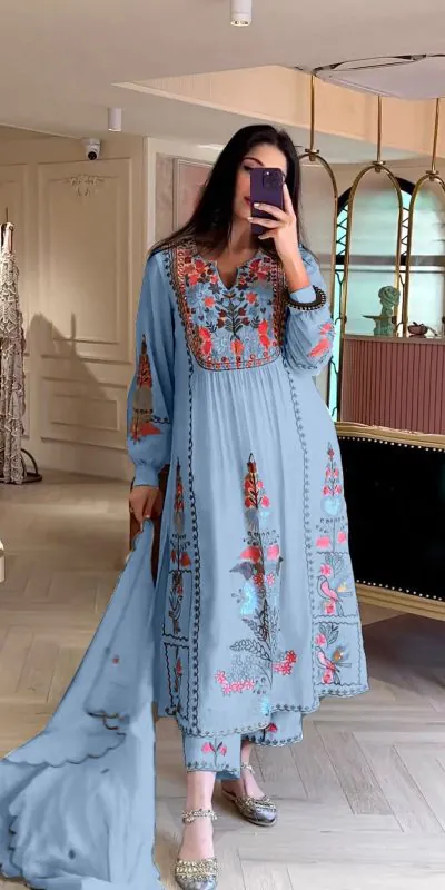 AD118 Blue Color Georgette Embroidery Work Salwar Suit Casual, Wedding, Festive, Events Etc. Expected Delivery 4-6 Working Days @1950/- | Jump Suits, Salwar suit, Casual Suits, Creative suits, Designer Suits, Palazzo Suits, Party Wear Suits, Straight Suits