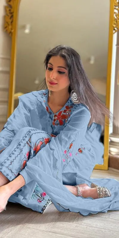 AD118 Blue Color Georgette Embroidery Work Salwar Suit Casual, Wedding, Festive, Events Etc. Expected Delivery 4-6 Working Days @1950/- | Jump Suits, Salwar suit, Casual Suits, Creative suits, Designer Suits, Palazzo Suits, Party Wear Suits, Straight Suits