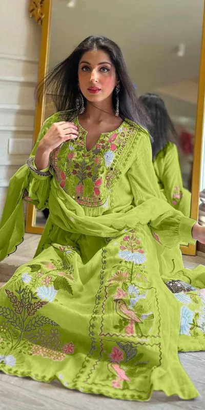 AD 118 Green Color Georgette Embroidery Work Salwar Suit Casual, Wedding, Festive, Events Etc. Expected Delivery  4-6 Working Days @1950/- | Jump Suits, Salwar suit, Casual Suits, Creative suits, Designer Suits, Palazzo Suits, Party Wear Suits, Straight Suits