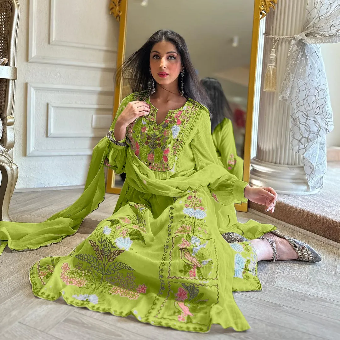 AD 118 Green Color Georgette Embroidery Work Salwar Suit Casual, Wedding, Festive, Events Etc. Expected Delivery  4-6 Working Days @1950/- | Jump Suits, Salwar suit, Casual Suits, Creative suits, Designer Suits, Palazzo Suits, Party Wear Suits, Straight Suits
