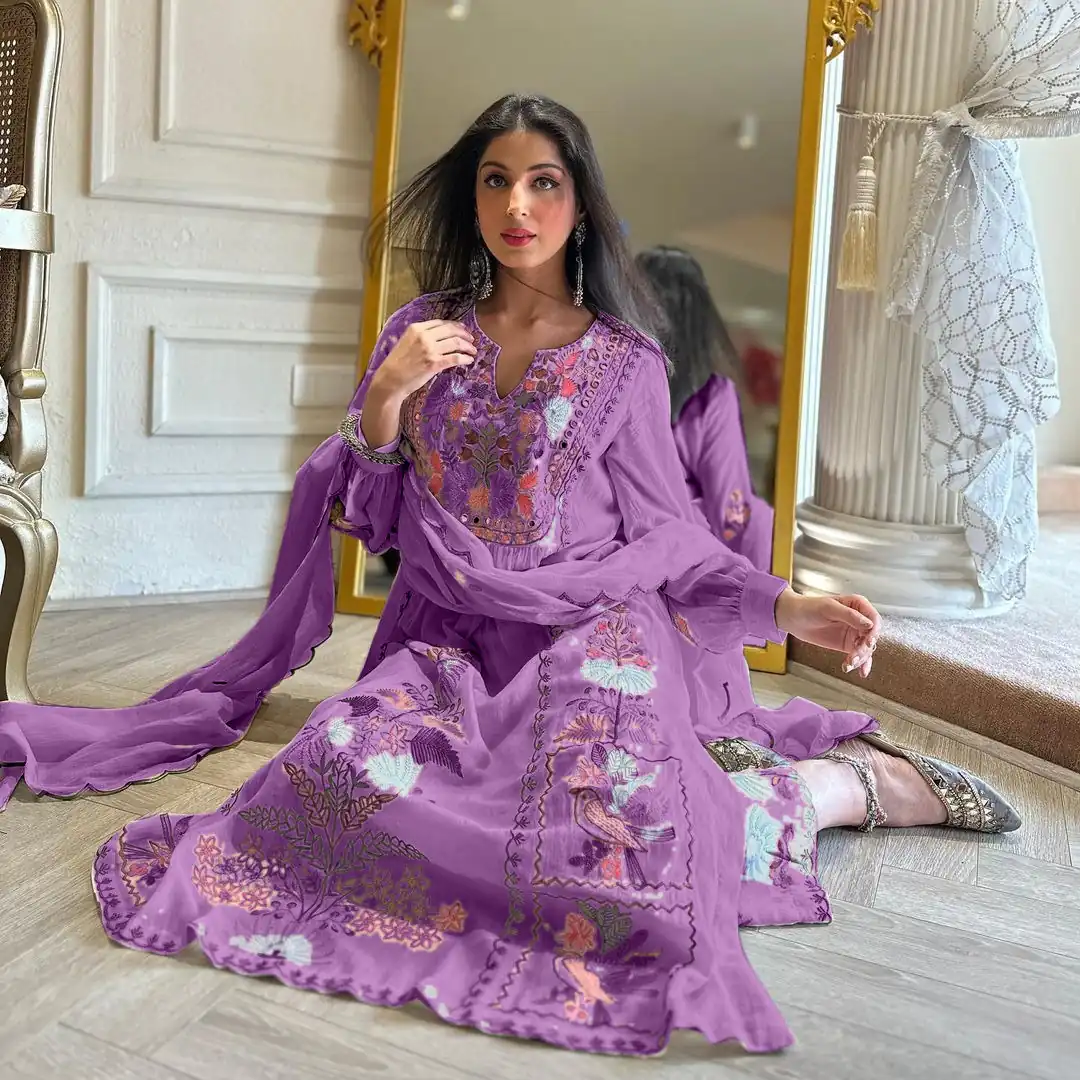 AD118 Violet Color Georgette Embroidery Work Salwar Suit Casual, Wedding, Festive, Events Etc. Expected Delivery  4-6 Working Days @1950/- | Jump Suits, Salwar suit, Casual Suits, Creative suits, Designer Suits, Palazzo Suits, Party Wear Suits, Straight Suits