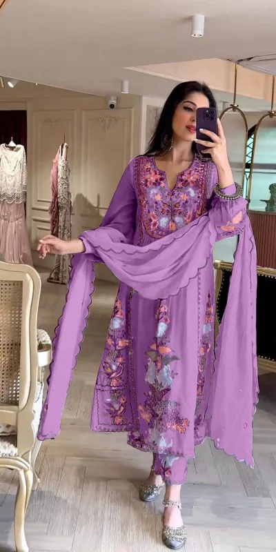 AD118 Violet Color Georgette Embroidery Work Salwar Suit Casual, Wedding, Festive, Events Etc. Expected Delivery  4-6 Working Days @1950/- | Jump Suits, Salwar suit, Casual Suits, Creative suits, Designer Suits, Palazzo Suits, Party Wear Suits, Straight Suits