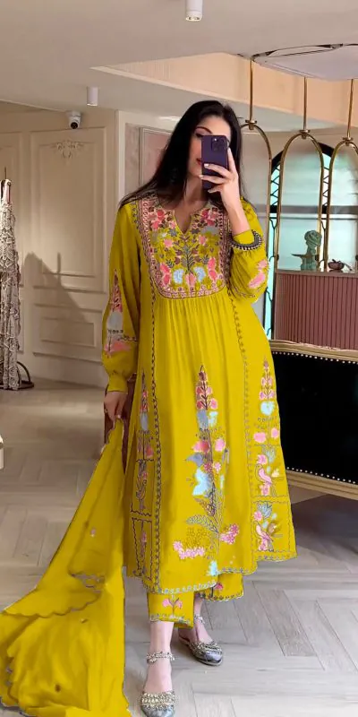 AD118 Yellow Color Georgette Embroidery Work Salwar Suit Casual, Wedding, Festive, Events Etc. Expected Delivery 4-6 Working Days @1950/- | Jump Suits, Salwar suit, Casual Suits, Creative suits, Designer Suits, Palazzo Suits, Party Wear Suits, Straight Suits