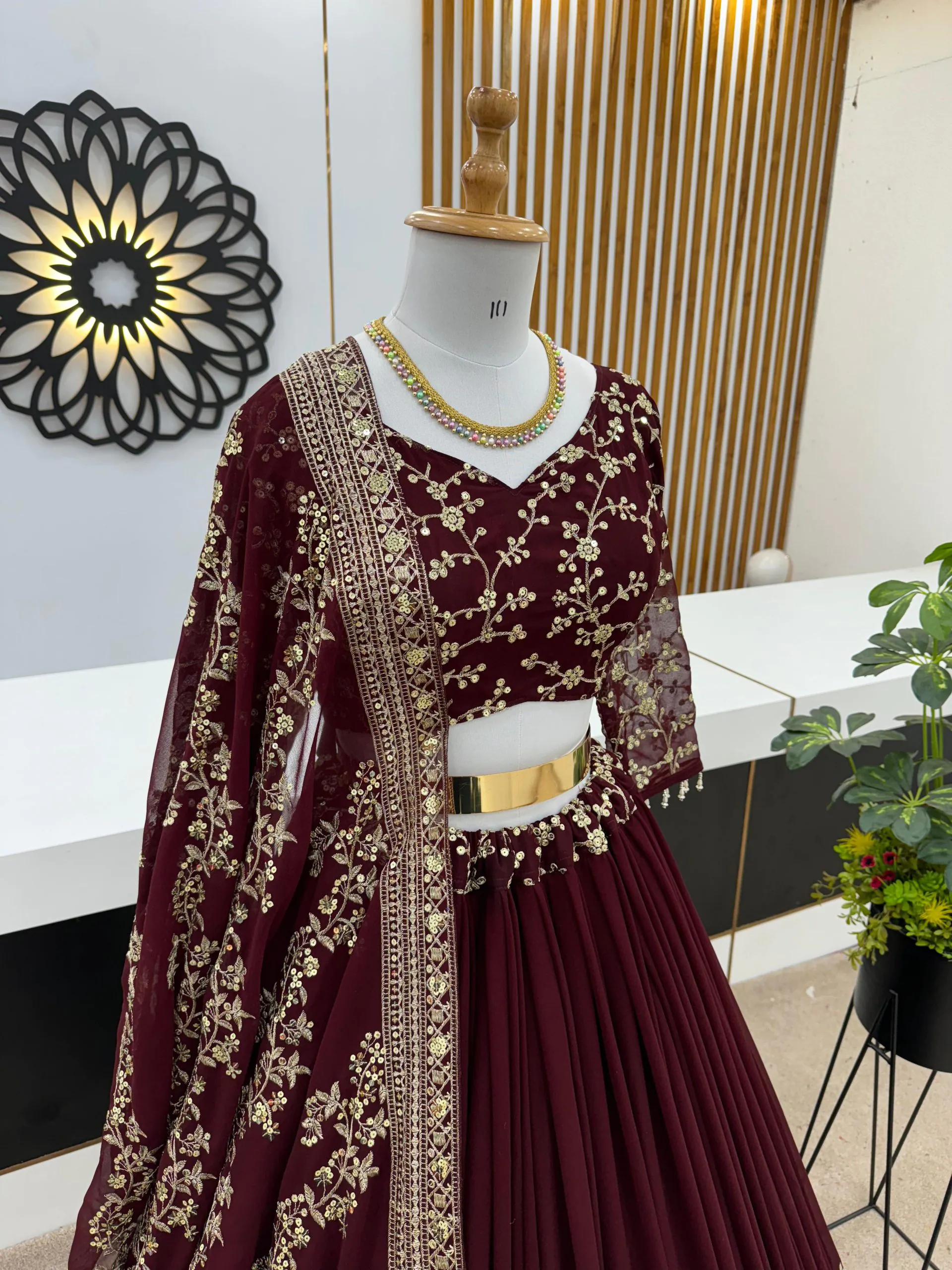 ZF 358 Dark Maroon Faux Georgette With Heavy Embroidery Sequence Work Lehenga Choli Wedding, Party, Events Etc. Expected Delivery 4-6 Working Days 2099/- | Lehenga, Bollywood Lehenga, Creative Lehenga, Designer Lehenga, Embroidered Lehenga, Party Wear Lehenga