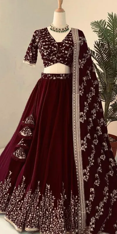 ZF 358 Dark Maroon Faux Georgette With Heavy Embroidery Sequence Work Lehenga Choli Wedding, Party, Events Etc. Expected Delivery 4-6 Working Days 2099/- | Lehenga, Bollywood Lehenga, Creative Lehenga, Designer Lehenga, Embroidered Lehenga, Party Wear Lehenga