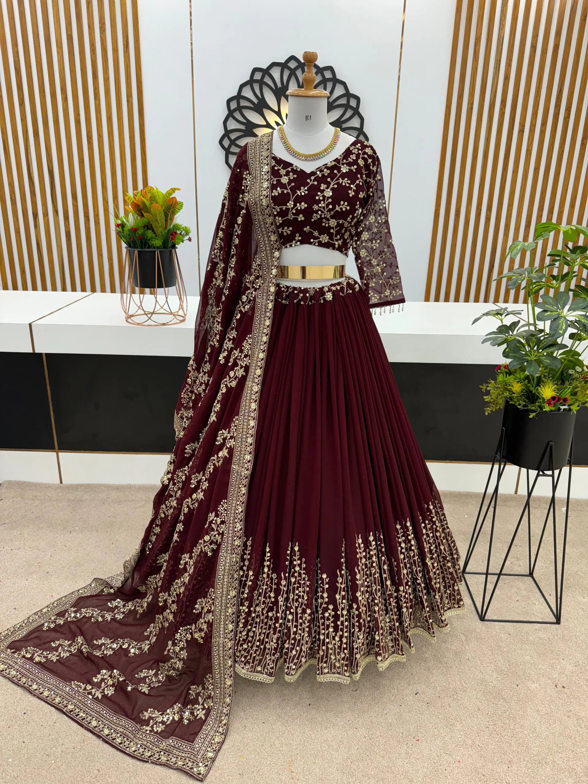 ZF 358 Dark Maroon Faux Georgette With Heavy Embroidery Sequence Work Lehenga Choli Wedding, Party, Events Etc. Expected Delivery 4-6 Working Days 2099/- | Lehenga, Bollywood Lehenga, Creative Lehenga, Designer Lehenga, Embroidered Lehenga, Party Wear Lehenga
