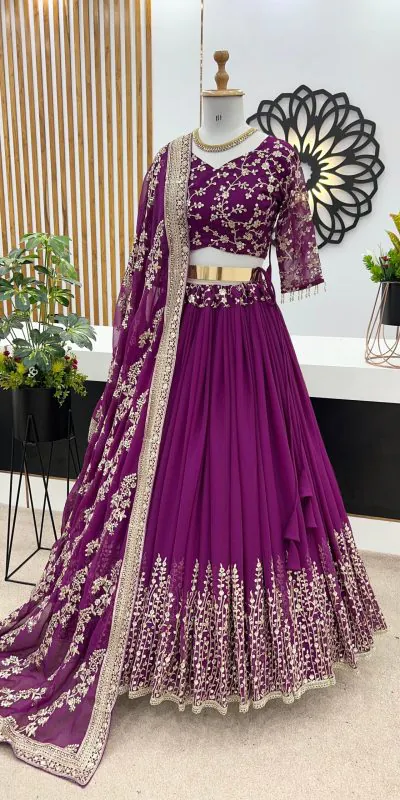 ZF 358 Purple Color Faux Georgette With Heavy Embroidery Sequence Work Lehenga Choli Wedding, Party, Events Etc. Expected Delivery 4-6 Working Days 2099/- | Lehenga, Bollywood Lehenga, Creative Lehenga, Designer Lehenga, Embroidered Lehenga, Party Wear Lehenga