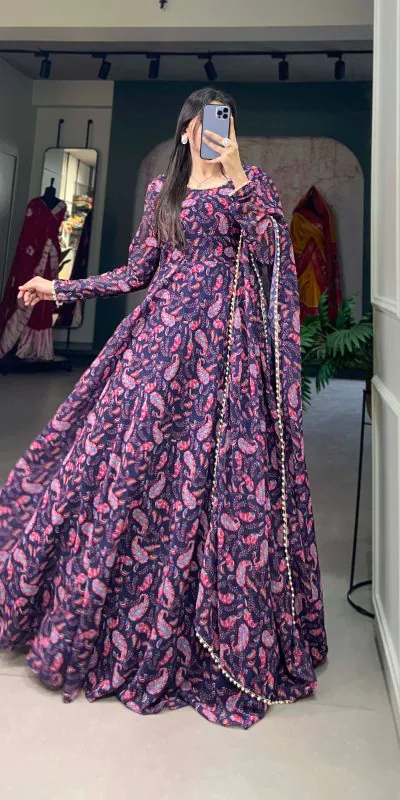 YNF 5008 Purple Color Georgette Floral Printed Party Wear Gown Casual, Wedding, Party, Festive, Events Etc. Expected Delivery 4-6 Working Days 1799/- | Gowns, Bollywood Gowns, Creative Gowns, Designer Gowns, Embroidered Gowns, Party Wear Gowns