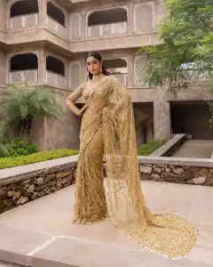 DF 3398 Golden Color Mono Butterfly Net Embroidery work Saree  Casual, Wedding, Festive, Events Etc. Expected Delivery 4-6 Working Days @1799/- | Designer Sarees, Sarees, Bollywood Sarees, Creative Sarees, Embroidered Sarees, Ethnic Saree, Modern Digital sarees, Party Wear Sarees