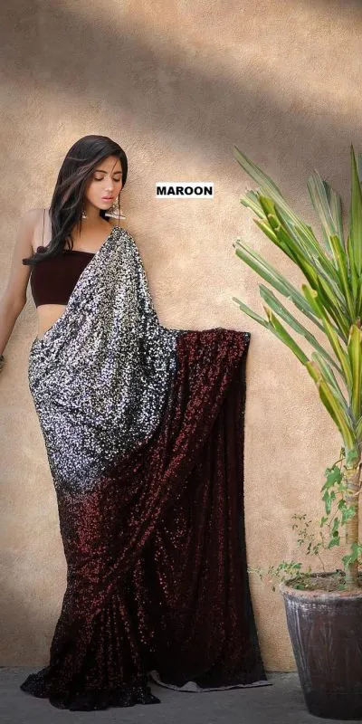 DF 3367 Maroon Color Heavy 60 Gram Georgette Sequins Work Saree Casual, Party Wear, Wedding, Events Etc Delivery Expected.4-6 Working Days 1750/- | Designer Sarees, Sarees, Bollywood Sarees, Creative Sarees, Embroidered Sarees, Ethnic Saree, Modern Digital sarees, Party Wear Sarees