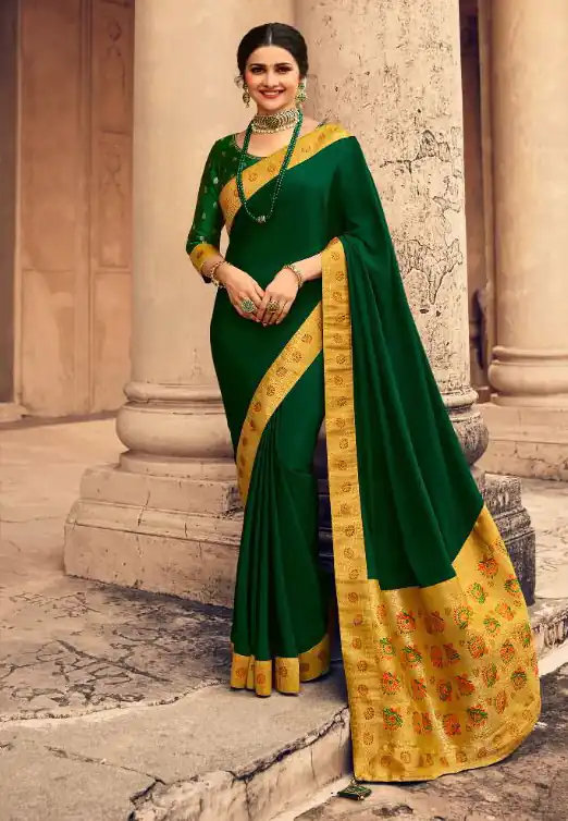 Exemplary Dark Green Saree : Georgette Work : Digital Print With Heavy Embroidered Lace Border Blouse : Banglori Silk Daily, Casual, Festive @1899/- | Designer Sarees, Sarees, Bollywood Sarees, Creative Sarees, Embroidered Sarees, Ethnic Saree, Modern Digital sarees, Party Wear Sarees