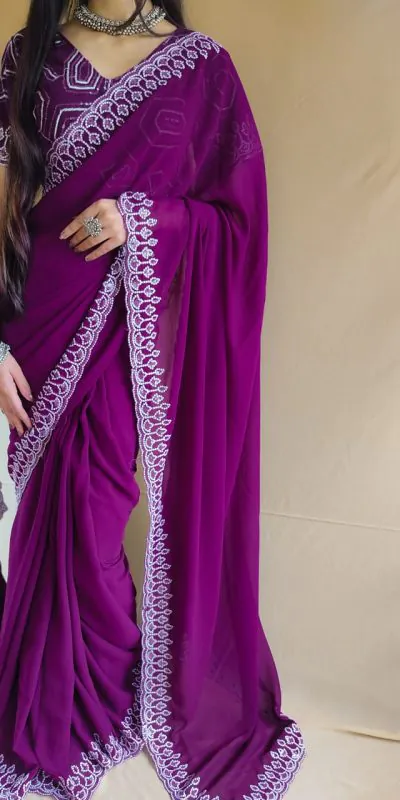 SF Chandni Purple Color Georgette Embroidery Sequence work Saree Casual, Wedding, Festive, Events Etc. Expected Delivery 4-6 Working Days @1999/- | Designer Sarees, Sarees, Bollywood Sarees, Creative Sarees, Embroidered Sarees, Ethnic Saree, Modern Digital sarees, Party Wear Sarees