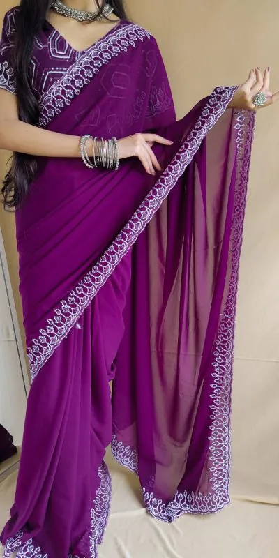 SF Chandni Purple Color Georgette Embroidery Sequence work Saree Casual, Wedding, Festive, Events Etc. Expected Delivery 4-6 Working Days @1999/- | Designer Sarees, Sarees, Bollywood Sarees, Creative Sarees, Embroidered Sarees, Ethnic Saree, Modern Digital sarees, Party Wear Sarees