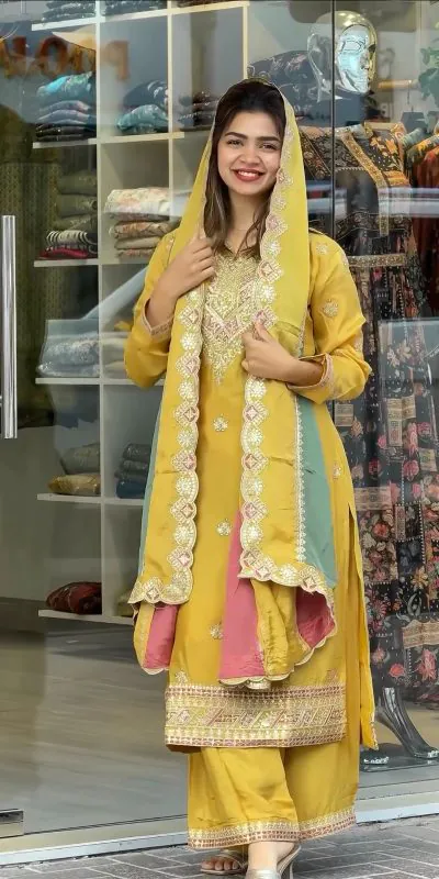 AD 145 Yellow Color Georgette Embroidery Work Sharara Suit Wedding, Party, Festive, Events Etc. Expected Delivery 4-6 Working Days @2099/- | Jump Suits, Salwar suit, Casual Suits, Creative suits, Designer Suits, Palazzo Suits, Party Wear Suits, Patiala Suits, Straight Suits