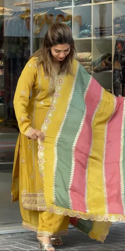 AD 145 Yellow Color Georgette Embroidery Work Sharara Suit Wedding, Party, Festive, Events Etc. Expected Delivery 4-6 Working Days @2099/- | Jump Suits, Salwar suit, Casual Suits, Creative suits, Designer Suits, Palazzo Suits, Party Wear Suits, Patiala Suits, Straight Suits