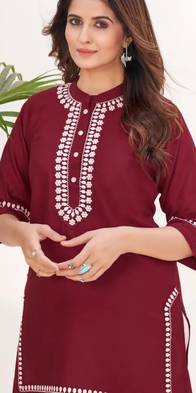 INLI Zia Wine Color Rayon With Embroidery work Kurti Casual, Wedding, Party, Festive, Events Etc. Expected Delivery 4-6 Working Days @1299/- | Kurti, Bollywood Kurti, Creative Kurtis, Designer Kurti, Party Wear Kurti, Selfie Kurti