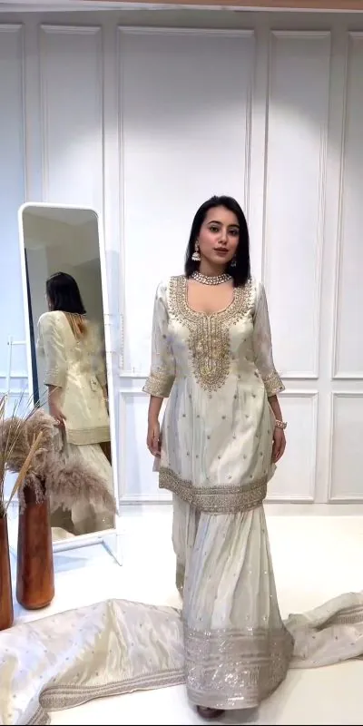 NSR 800 White Color Heavy Chinnon Silk Embroidery Sequence Work Sharara Suit Casual, Party Festive, Events Etc. Expected Delivery 4-6 Working Days @2149 | Jump Suits, Salwar suit, Casual Suits, Creative suits, Designer Suits, Palazzo Suits, Party Wear Suits, Patiala Suits, Straight Suits