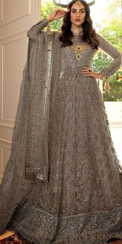 FC 194 Grey Color Net Embroidery And Mirror work Anarkali Suit Wedding, Party, Festive, Events Etc. Expected 4-6 Working Days @1999/- | Anarkali Suits, Bollywood Anarkali, Creative-Anarkali, Designer Anarkali, Embroidered Anarkali, Party Wear Anarkali
