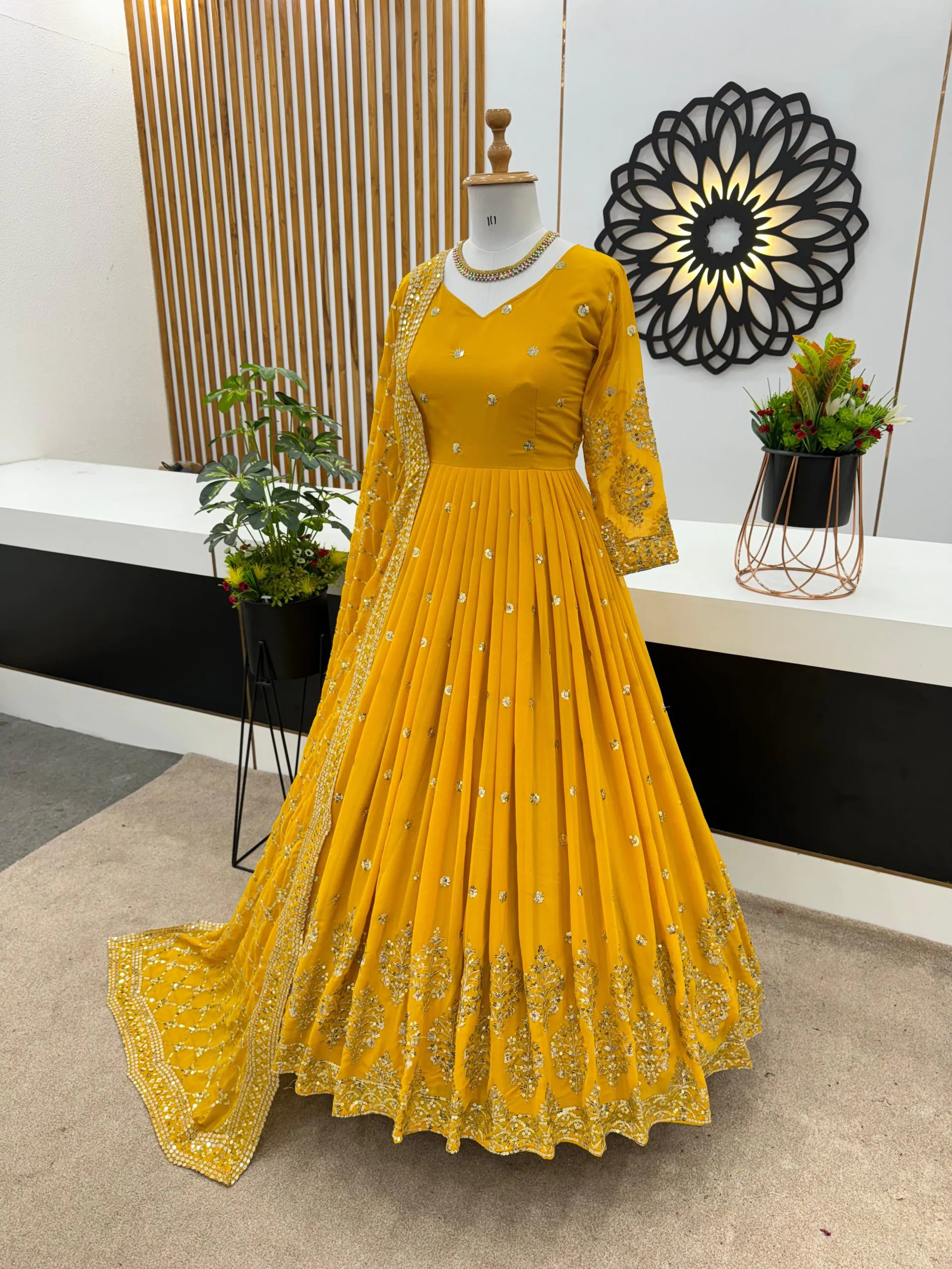 ZF 359 Yellow Color Georgette Embroidery Sequence Work Gown Casual, Wedding, Party, Festive, Events Etc. Expected Delivery 4-6 Working Days @1999/- | Gowns, Bollywood Gowns, Creative Gowns, Designer Gowns, Embroidered Gowns, Party Wear Gowns