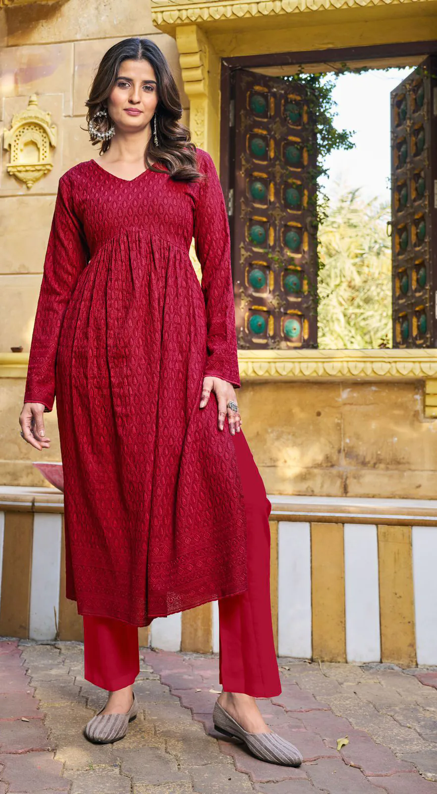 INLI Schiffli Red Color Heavy Rayon with Schiffli Work Kurti Casual, Wedding, Party, Festive, Events Etc. Expected Delivery 4-6 Working Days @1699/- | Kurti, Bollywood Kurti, Creative Kurtis, Designer Kurti, Party Wear Kurti, Selfie Kurti