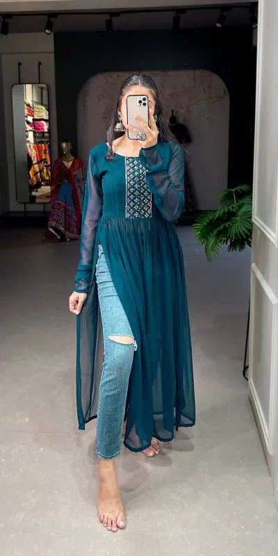 YNF 3501 Peacock Blue Color Georgette Sequins Embroidery work Kurti Casual, Wedding, Party, Festive, Events Etc. Expected Delivery 4-6 Working Days @1399/- | Kurti, Bollywood Kurti, Creative Kurtis, Designer Kurti, Party Wear Kurti, Selfie Kurti