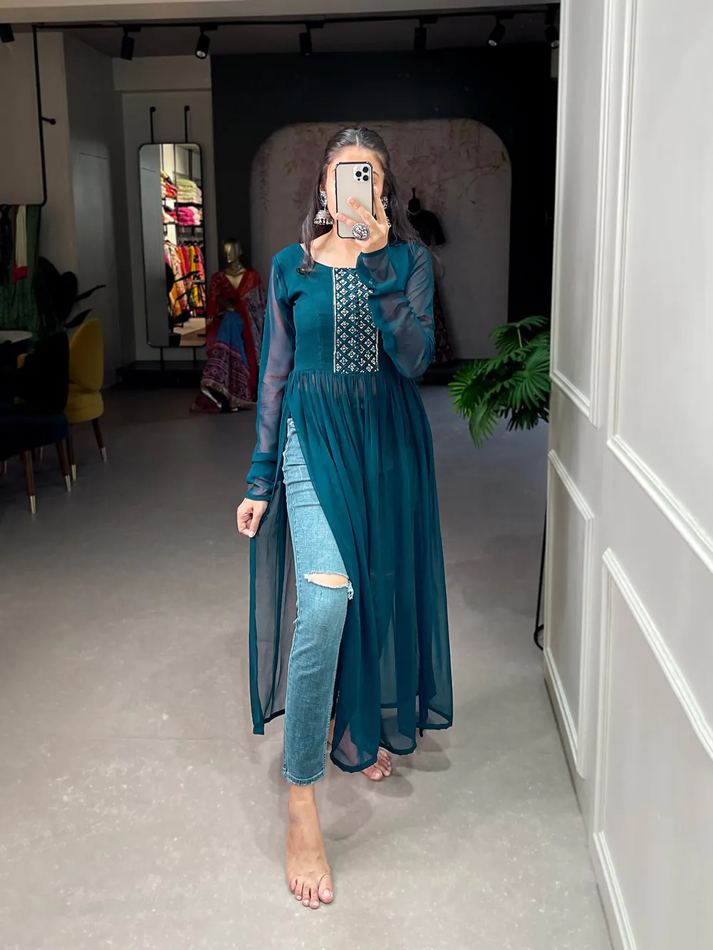 YNF 3501 Peacock Blue Color Georgette Sequins Embroidery work Kurti Casual, Wedding, Party, Festive, Events Etc. Expected Delivery 4-6 Working Days @1399/- | Kurti, Bollywood Kurti, Creative Kurtis, Designer Kurti, Party Wear Kurti, Selfie Kurti